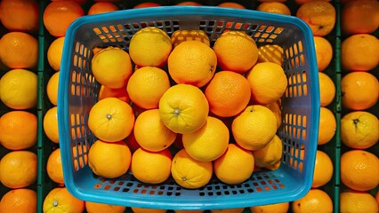 Wall Mural - Overhead view of vibrant oranges in a blue-green basket on a colorful supermarket shelf with oranges in background, bright yellow and blue tones.