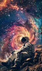 Wall Mural - astronaut gazing at cosmic swirl in vibrant space scenery