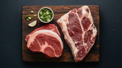 Wall Mural - Raw beef navel and brisket cut on a dark wooden cutting board with garnish of scallions and lime slice positioned on the left side