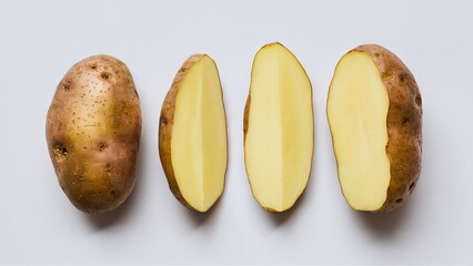 Sticker - Sliced and whole raw potatoes arranged on clean white background showcasing earthy brown skin and creamy yellow flesh for culinary use