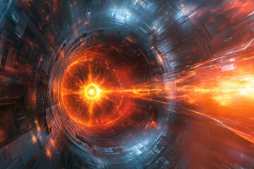 Poster - exploring a vibrant tunnel of energy with glowing orange light in a futuristic setting