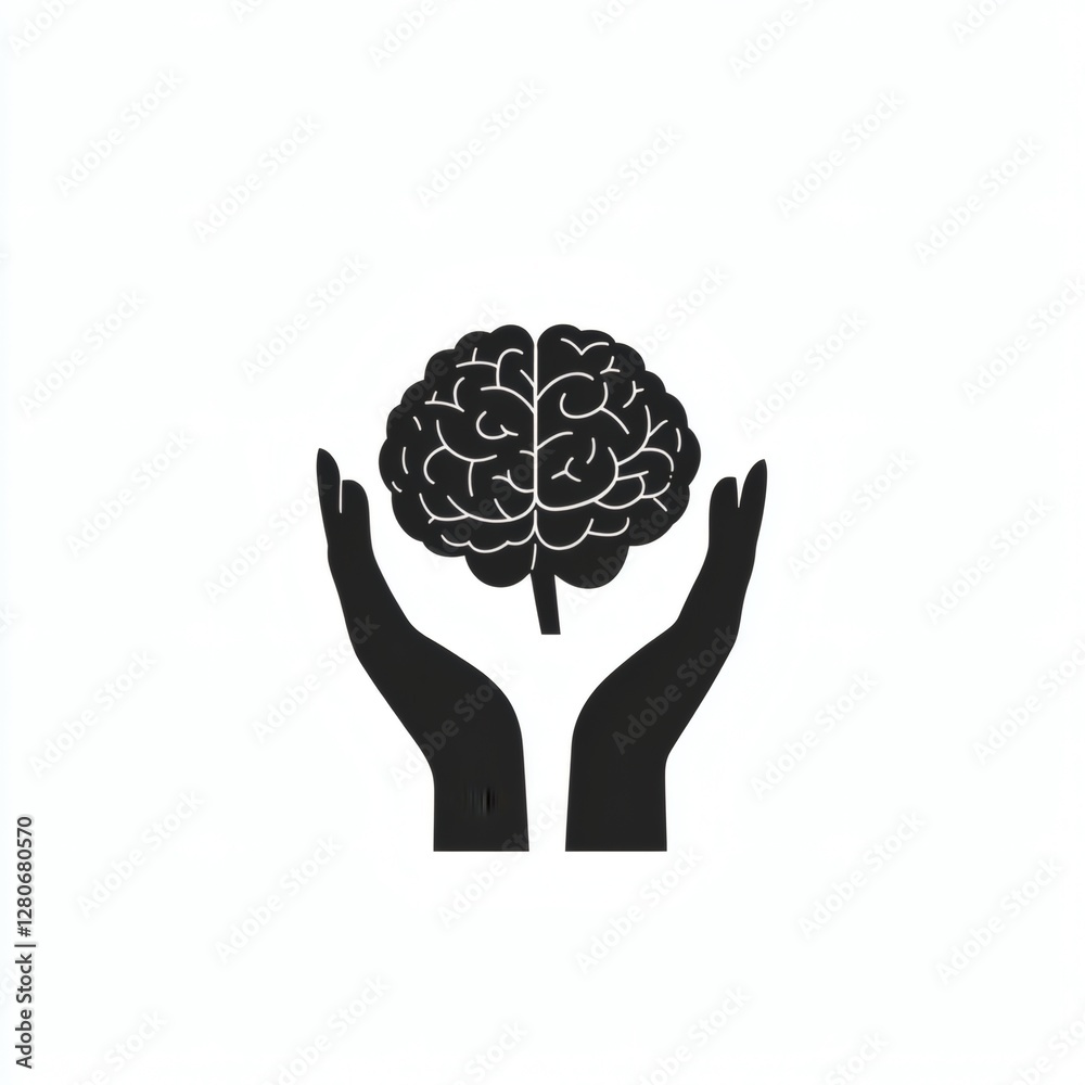 Symbols of care for mental health through hands holding a brain in a ...