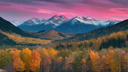 Wall Mural - Autumn mountain landscape showcasing vibrant orange and yellow trees in the foreground with a majestic pink and purple sunset background.