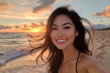 Wall Mural - a beautiful asian woman smiles for the camera while taking a selfie on the beach at sunset. her hair