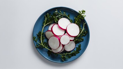 Sticker - Sliced white radish on a blue plate surrounded by green leaves against a clean white background showcasing fresh food presentation.