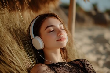 Wall Mural - a beautiful woman relaxing on the beach, wearing headphones. she has her eyes closed, smiling. she w