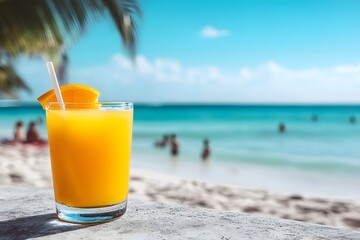 Wall Mural - a cocktail with orange juice and coconut water, sitting on the edge of an ocean beach, with a blue s