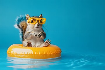 Wall Mural - cute, realistic summer commercial featuring an adorable little squirrel wearing yellow sunglasses, s