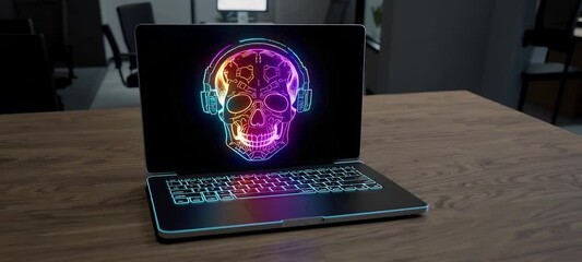 Poster - Futuristic neural interface animations on laptop screen in dimly lit office setting