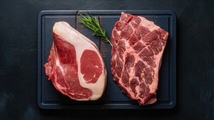 Wall Mural - Raw beef navel and brisket placed on a black cutting board with a sprig of fresh rosemary in the center set against a dark background