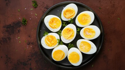 Wall Mural - Plate of sliced boiled eggs with bright yellow yolks seasoned with salt and garnished with fresh green parsley on rustic brown surface