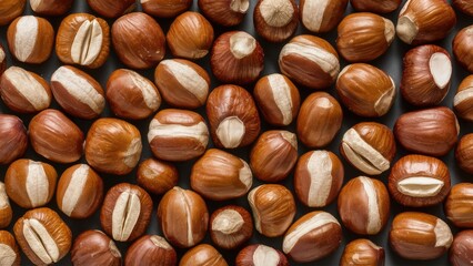 Wall Mural - Closeup of abundant hazelnuts arranged densely in a rustic pattern with rich brown and cream tones enhancing the organic feel of the background