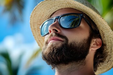 Wall Mural - a handsome man wearing a straw hat and sunglasses enjoys the sun at a tropical beach, embodying the 