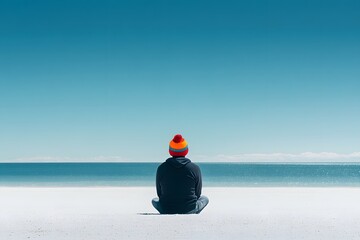 a man wearing a colorful hat sits on a white sandy beach, gazing at the blue ocean. this panoramic p