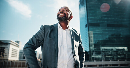 Poster - Architecture, thinking and business black man in city with idea, brainstorming and planning for career. Happy, contractor and person with inspiration for town, urban development and job opportunity