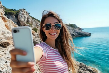 Wall Mural - a woman is smiling and taking a selfie with a smartphone on the coast, wearing sunglasses. the backg
