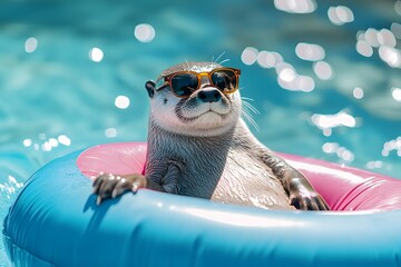 Wall Mural - an otter wearing sunglasses lounging on an inflatable pool float, adorable, cinematic photography