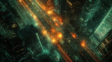 Wall Mural - Futuristic Cityscape at Night with Glowing Traffic, Aerial view of a futuristic cityscape at night with glowing lights and busy traffic