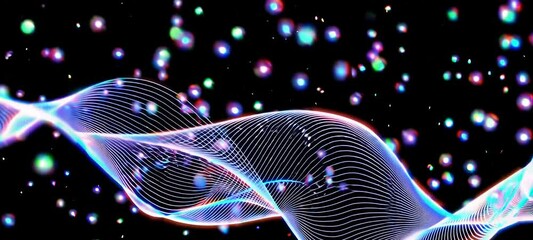 Poster - Vibrant light waves dancing with multicolored particles in dynamic motion