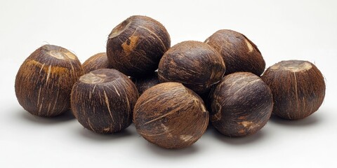 Poster - Brown spherical seeds arranged in a cluster on a light background; showcasing rich textures and a natural earthy color palette.