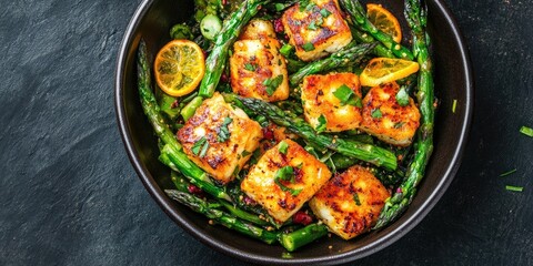 Aufkleber - Grilled salmon fillets garnished with herbs and lemon surrounded by vibrant asparagus on a dark textured background in a round black bowl