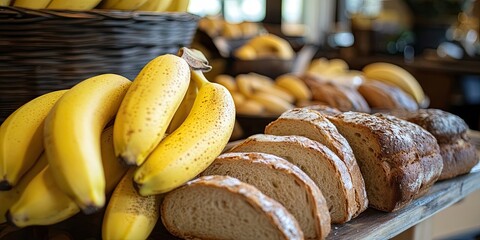 Poster - Fresh yellow bananas stacked beside sliced artisanal bread on a rustic wooden table with a blurred background of more fruits.