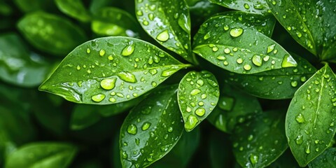Poster - Lush green leaves covered in droplets of water on a dark green background showcasing a fresh and vibrant nature theme with a glossy texture.