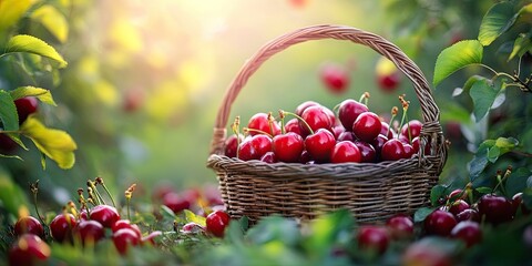 Poster - Basket overflowing with ripe red cherries nestled in lush green foliage illuminated by soft sunlight creating a warm and inviting atmosphere