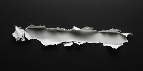 Poster - Ripped white paper fragment on a solid black background with uneven edges showcasing texture and shadows for a dramatic effect.