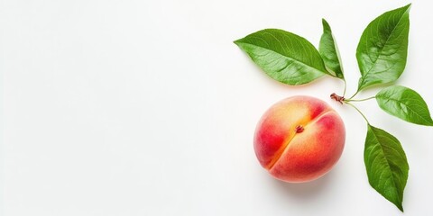 Poster - Fresh ripe peach with soft red and yellow hues positioned on the right, accompanied by vibrant green leaves against a clean white background.