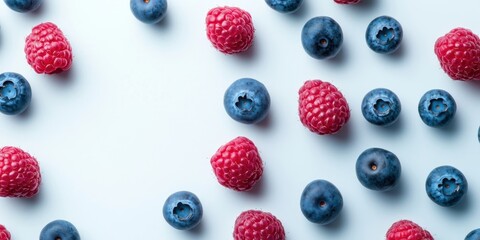 Poster - Vibrant arrangement of fresh blueberries and raspberries scattered on a soft blue background emphasizing their colors and textures for a visually appealing display
