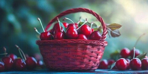 Poster - Vibrant red cherries arranged in a woven red basket surrounded by scattered cherries on a rustic table with a soft green background.