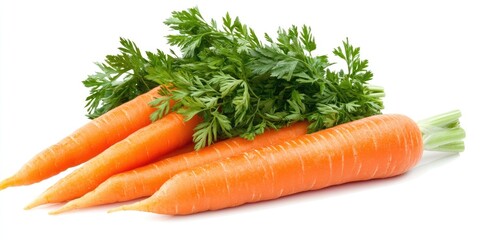 Poster - Fresh vibrant orange carrots with green leafy tops arranged diagonally on a white background showcasing their natural freshness and crunchiness.