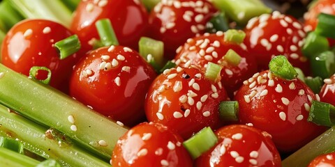 Poster - Vibrant cherry tomatoes glistening with sesame dressing alongside fresh green celery stalks topped with sesame seeds for a healthy food arrangement