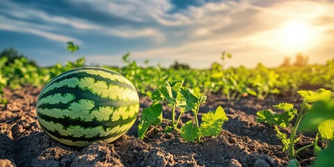 Poster - Vibrant green watermelon resting on soil amidst lush green vines under a bright sky at sunset capturing the essence of agricultural growth