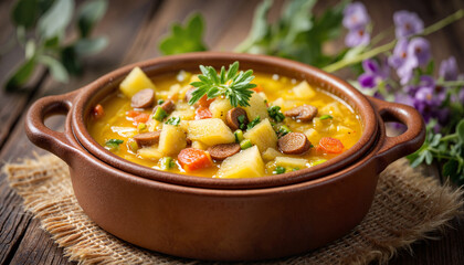 Rustic pottery bowl of potato leek soup with fresh ingredients, comfort food