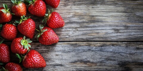 Poster - Fresh ripe strawberries scattered on a rustic wooden table with a dark textured background highlighting their vibrant red hues.
