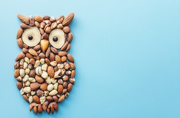 Creative Owl Shaped Nuts Artwork On Solid Blue Background For Healthy Eating And Art Concepts