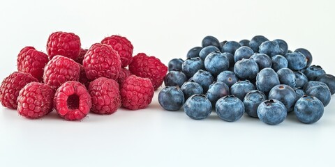 Poster - Vibrant red raspberries and deep blue blueberries arranged side by side on a clean white background highlighting their fresh textures and colors