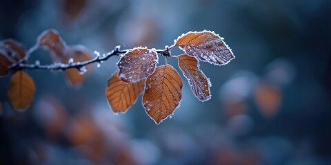 Fototapete - Frosted autumn leaves glisten in cool blue light with a shallow depth of field highlighting intricate textures against a blurred background