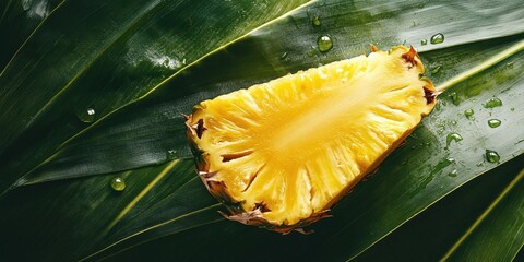 Poster - Vibrant slice of ripe pineapple on lush green banana leaves showcasing fresh yellow tones and rich textures ideal for tropical freshness concepts