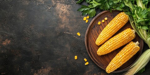 Poster - Fresh yellow corn on a dark wooden plate surrounded by celery leaves and scattered corn kernels on a textured black background
