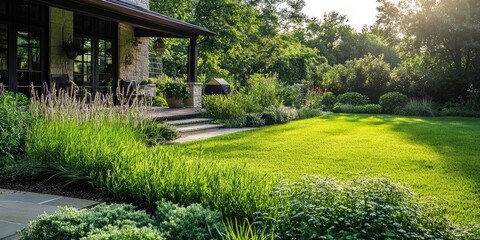 Poster - Lush green garden with well-manicured lawn, flower beds, and stone walkway under soft sunlight showcasing vibrant foliage and serene atmosphere