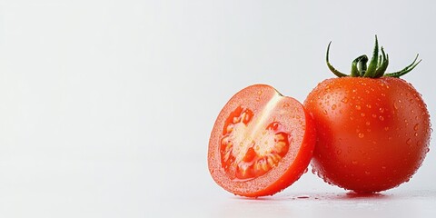 Poster - Fresh ripe tomato with water droplets, sliced in half, positioned right with bright red color against a clean white background.