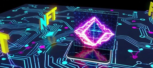 Poster - Futuristic nft display with holographic cryptocurrency circuit board animation