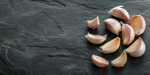 Poster - Garlic cloves scattered on a textured dark stone surface with soft lighting highlighting their delicate pinkish hues and natural shine.
