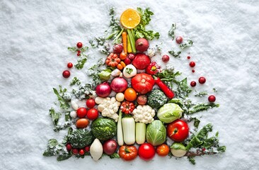 Vegetable Christmas Tree Design on Winter Snow Background Festive Healthy Holiday Concept