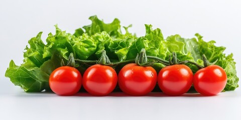 Poster - Fresh green lettuce leaves in the foreground with five vibrant red cherry tomatoes lined up in a row on a white background.