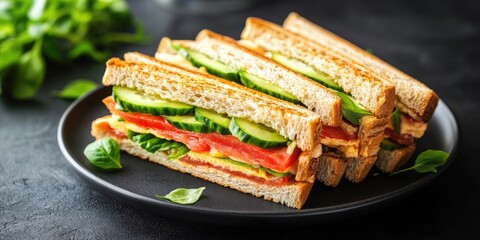 Poster - Delicious layered sandwich with fresh vegetables including cucumbers and tomatoes stacked between golden toasted bread on a sleek black plate