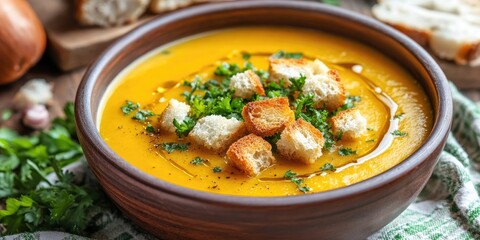 Aufkleber - Vibrant orange detox vegetable soup in a brown bowl topped with croutons and garnish, placed on a rustic wooden table with greenery.